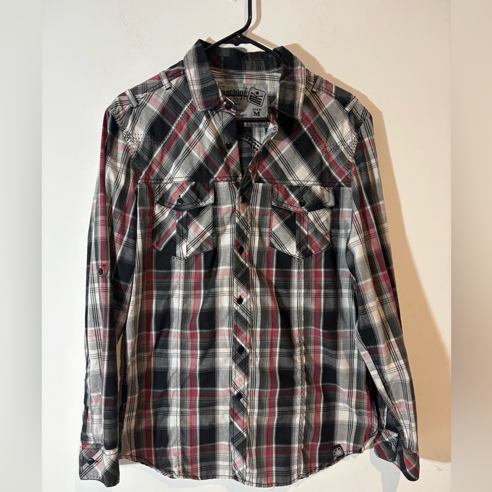 Fame Jeans Inc Machine Men’s Medium Plaid Red Black Long Sleeve Button Down